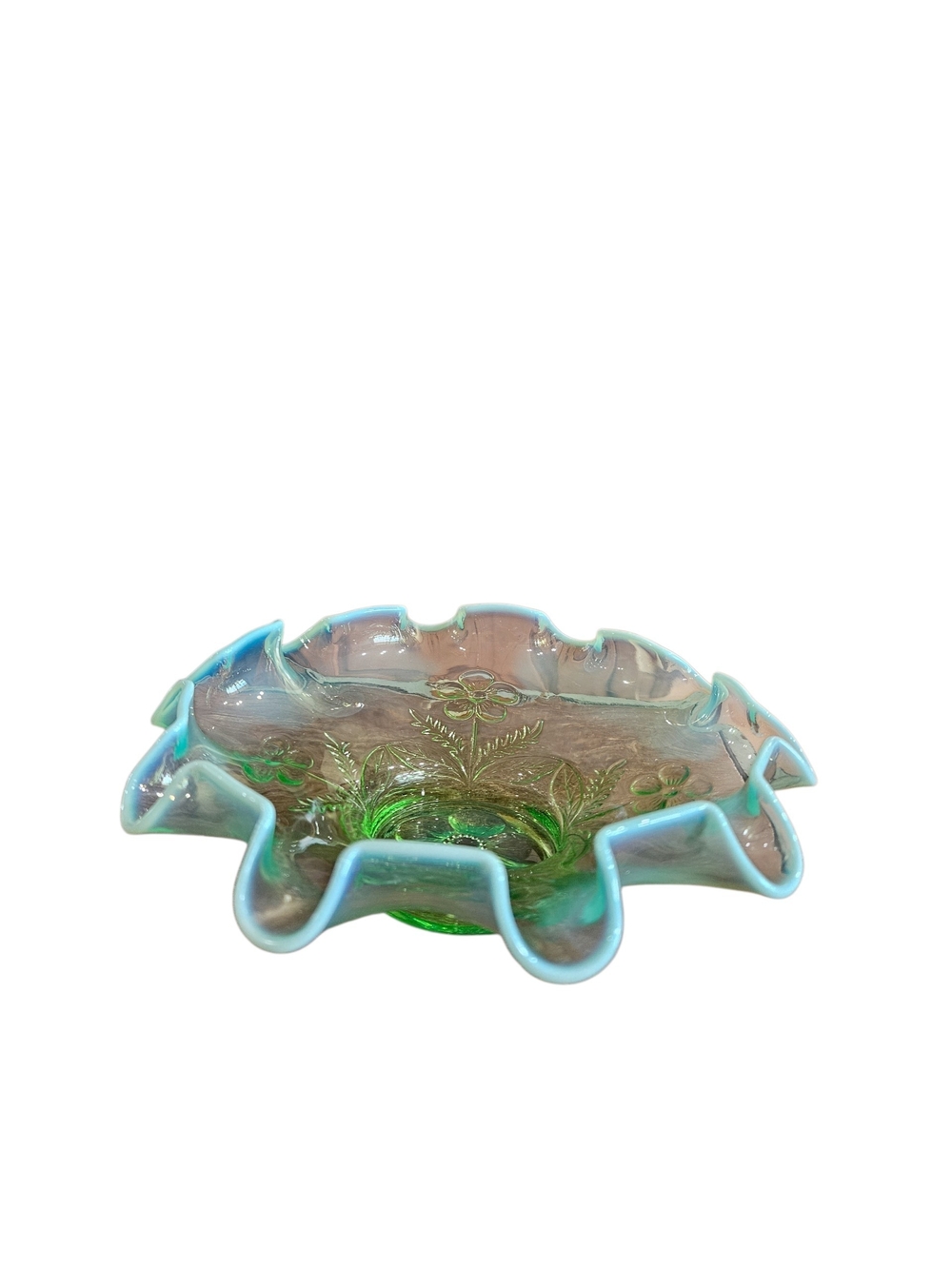 VINTAGE Green Opalescent Ruffled Glass Bowl Depression GLASS